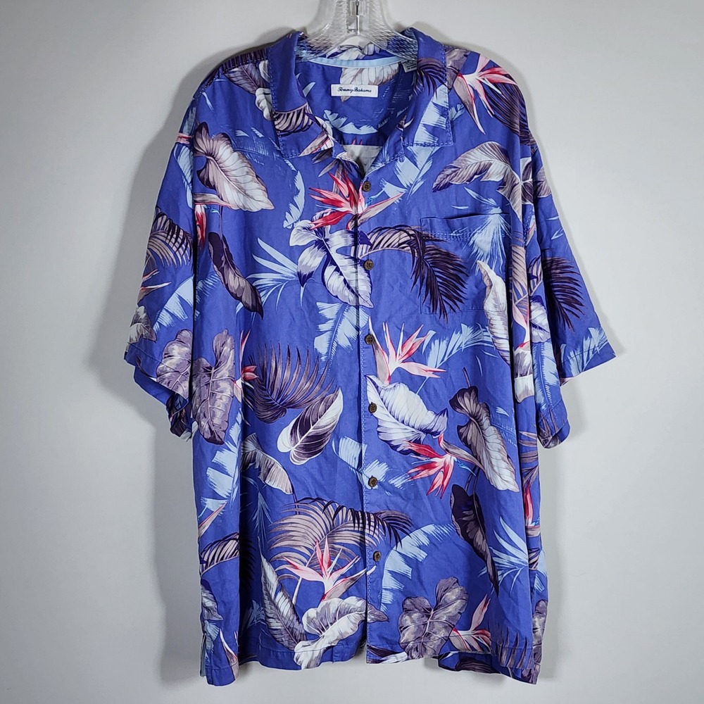 Tommy Bahama Silk Shirt Mens 2XLB Blue Bird of Paradise Tropical Vacation Luau